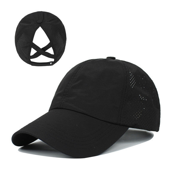 Criss Cross Ponytail Hat with Custom Engraved Leather Patch