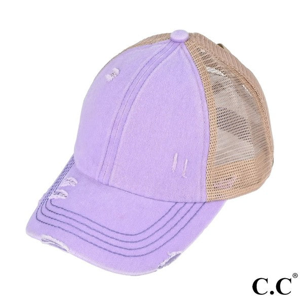 Distressed Criss-Cross Pony Hat with Engraved Leather Patch - C.C.