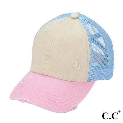 Distressed Criss-Cross Pony Hat with Engraved Leather Patch - C.C.