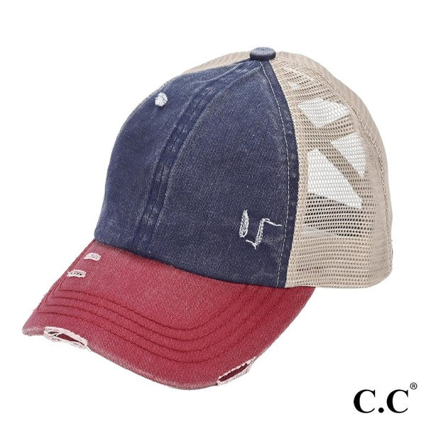 Distressed Criss-Cross Pony Hat with Engraved Leather Patch - C.C.