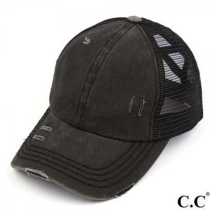 Distressed Criss-Cross Pony Hat with Engraved Leather Patch - C.C.