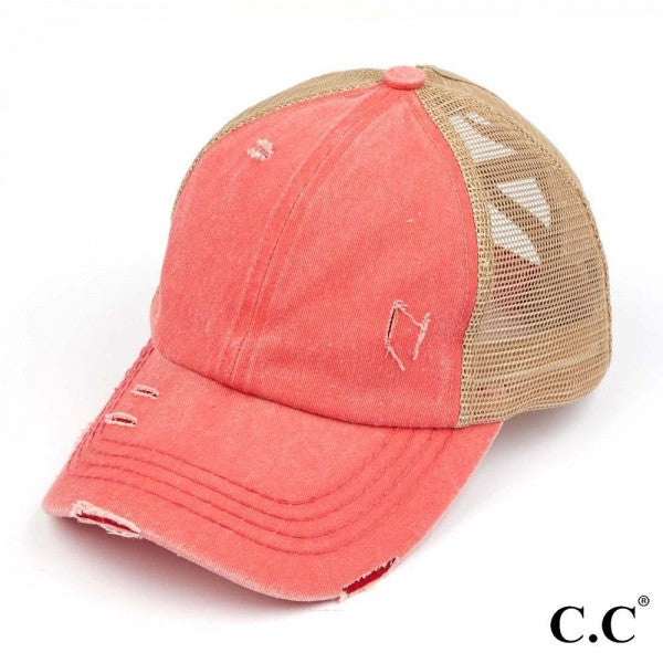 Distressed Criss-Cross Pony Hat with Engraved Leather Patch - C.C.