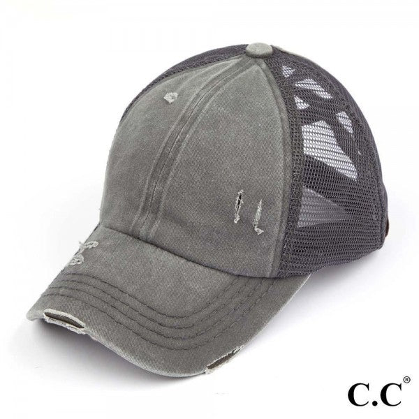 Distressed Criss-Cross Pony Hat with Engraved Leather Patch - C.C.