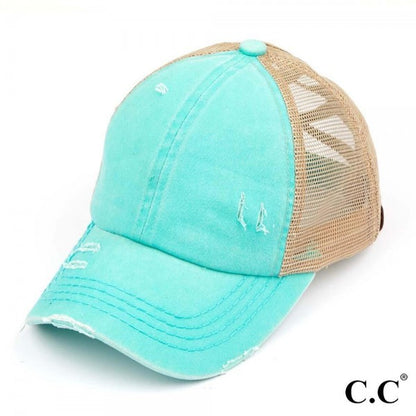 Distressed Criss-Cross Pony Hat with Engraved Leather Patch - C.C.