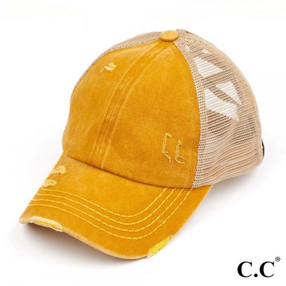 Distressed Criss-Cross Pony Hat with Engraved Leather Patch - C.C.