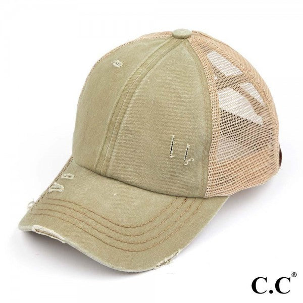 Distressed Criss-Cross Pony Hat with Engraved Leather Patch - C.C.