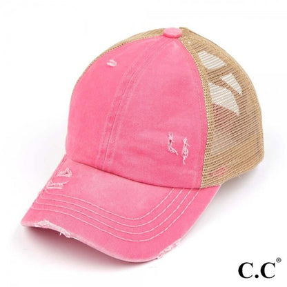 Distressed Criss-Cross Pony Hat with Engraved Leather Patch - C.C.