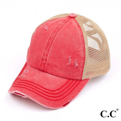 Distressed Criss-Cross Pony Hat with Engraved Leather Patch - C.C.