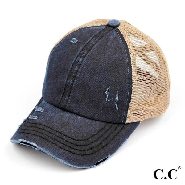 Distressed Criss-Cross Pony Hat with Engraved Leather Patch - C.C.