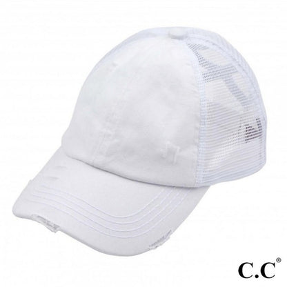 Distressed Criss-Cross Pony Hat with Engraved Leather Patch - C.C.