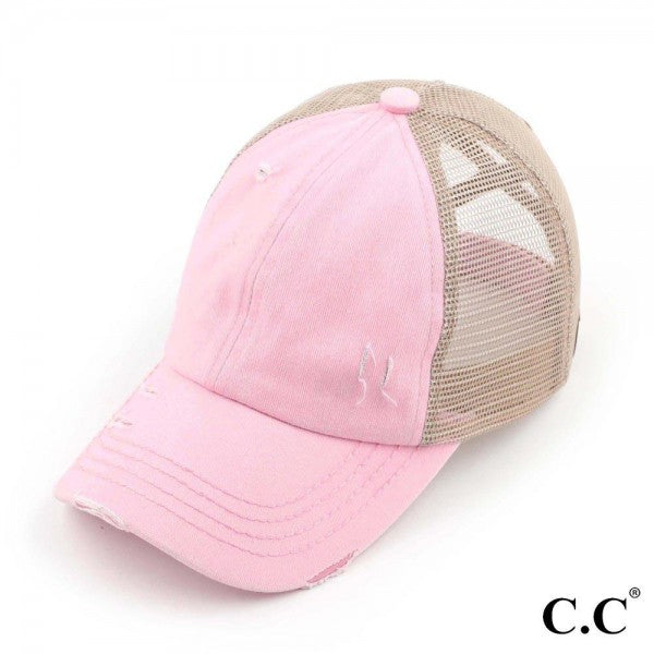 Distressed Criss-Cross Pony Hat with Engraved Leather Patch - C.C.