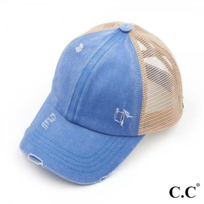 Distressed Criss-Cross Pony Hat with Engraved Leather Patch - C.C.