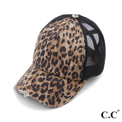 Distressed Criss-Cross Pony Hat with Engraved Leather Patch - C.C.