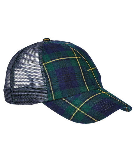 Plaid Trucker Hat with Custom Engraved Leather Patch