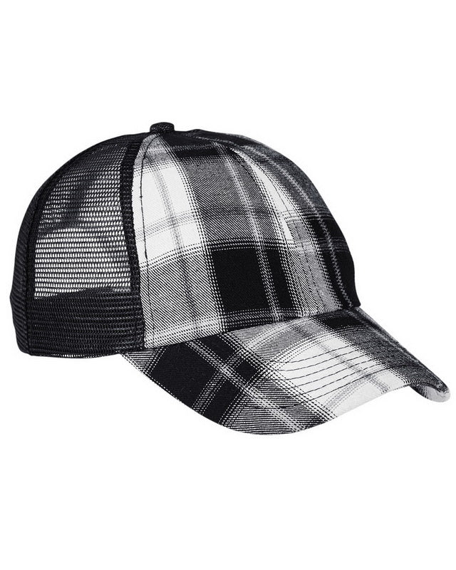 Plaid Trucker Hat with Custom Engraved Leather Patch