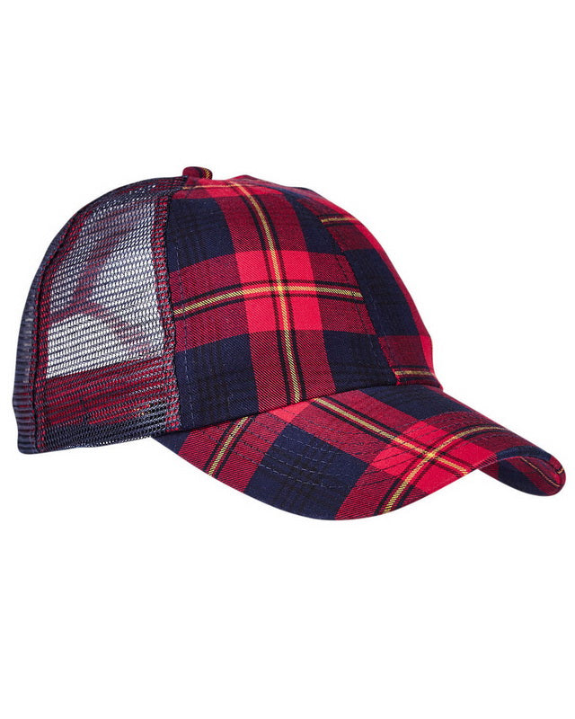 Plaid Trucker Hat with Custom Engraved Leather Patch